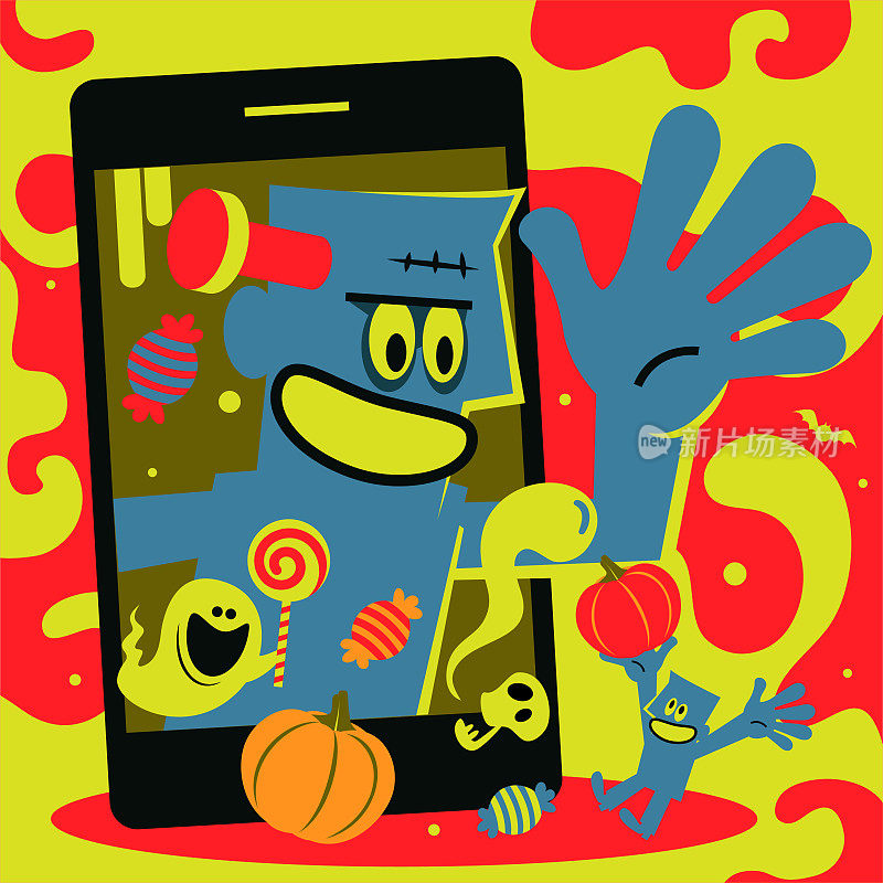Spooky Halloween Frankenstein and ghost are coming out of a big smart phone and greeting you